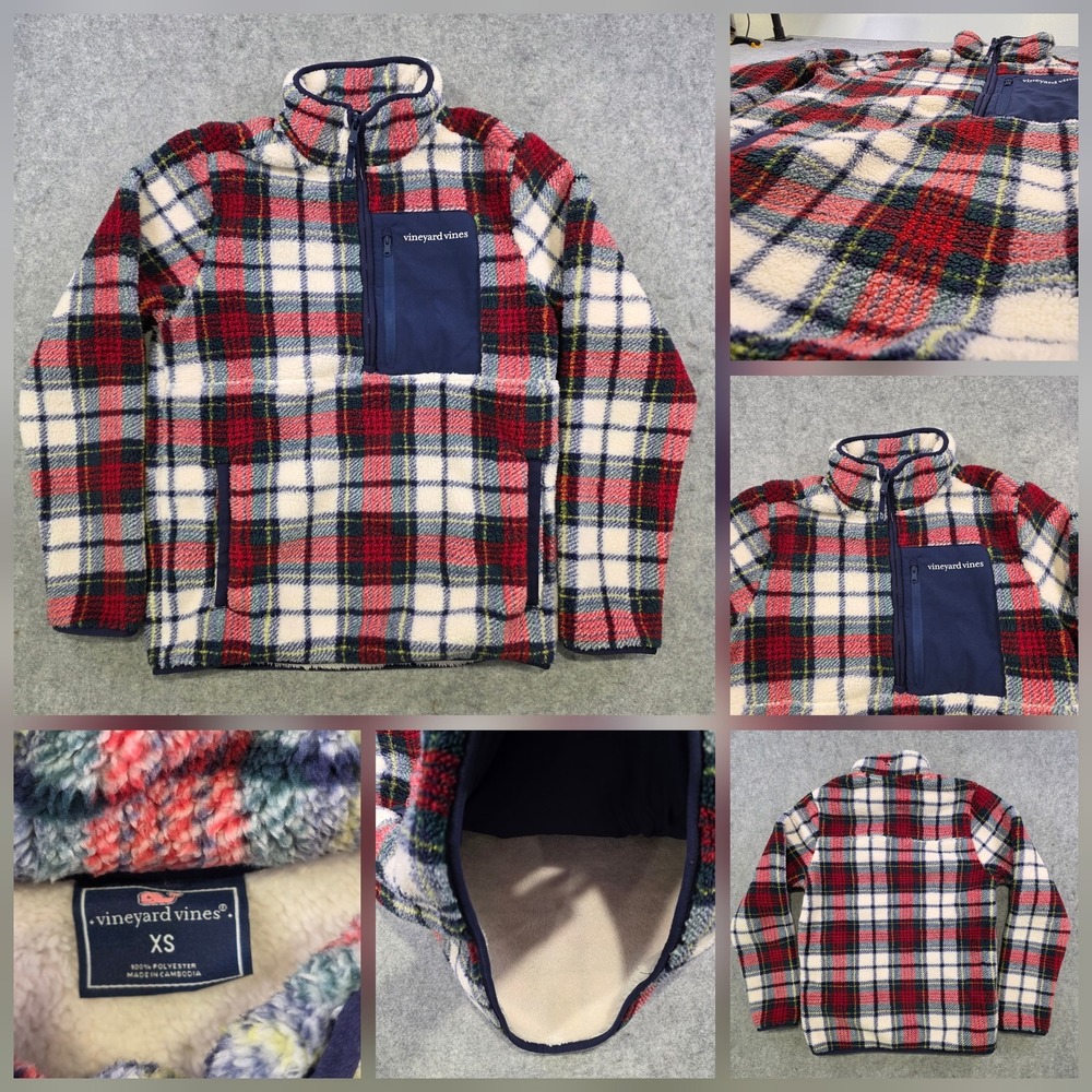 Vineyard Vines Jacket Mens XS Red Plaid Sherpa Fleece SuperShep 1/4 Zip Pullover